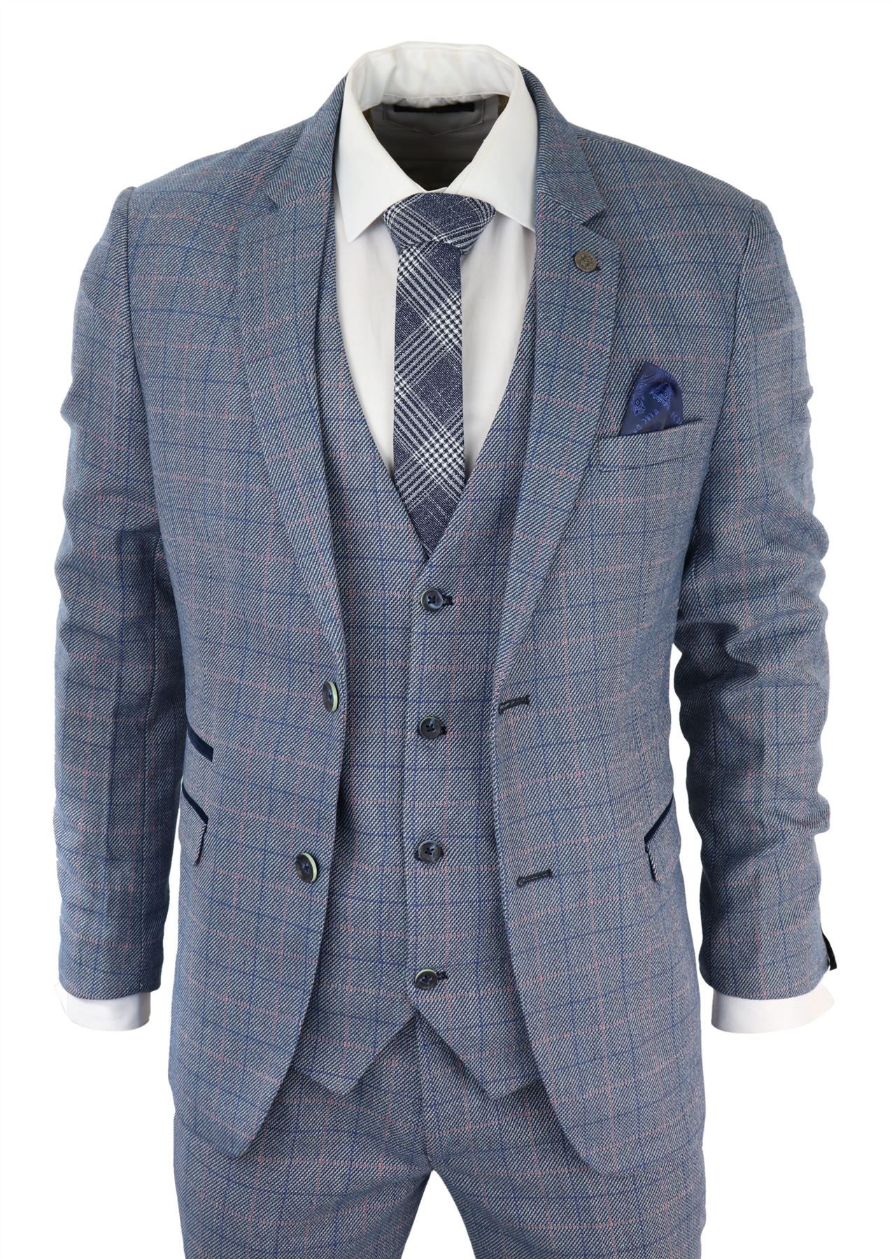 Mens 3 Piece Suit Sky Blue Check Wool Feel Marc Darcy Tailored Fit Wedding Prom Harry
