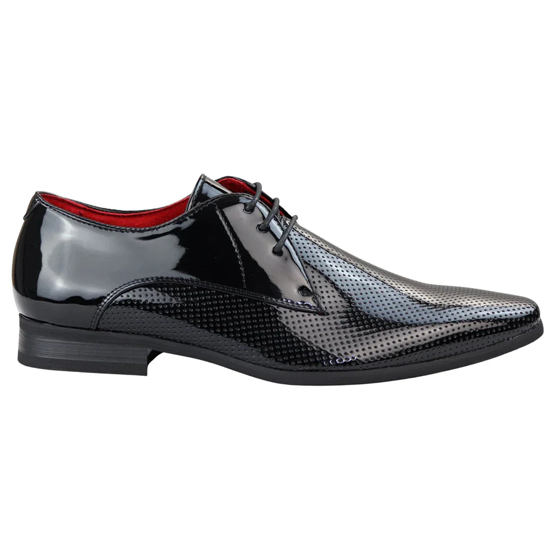 Mens Shoes Smart Formal Perforated Pointed Laced Black Patent Leather PU