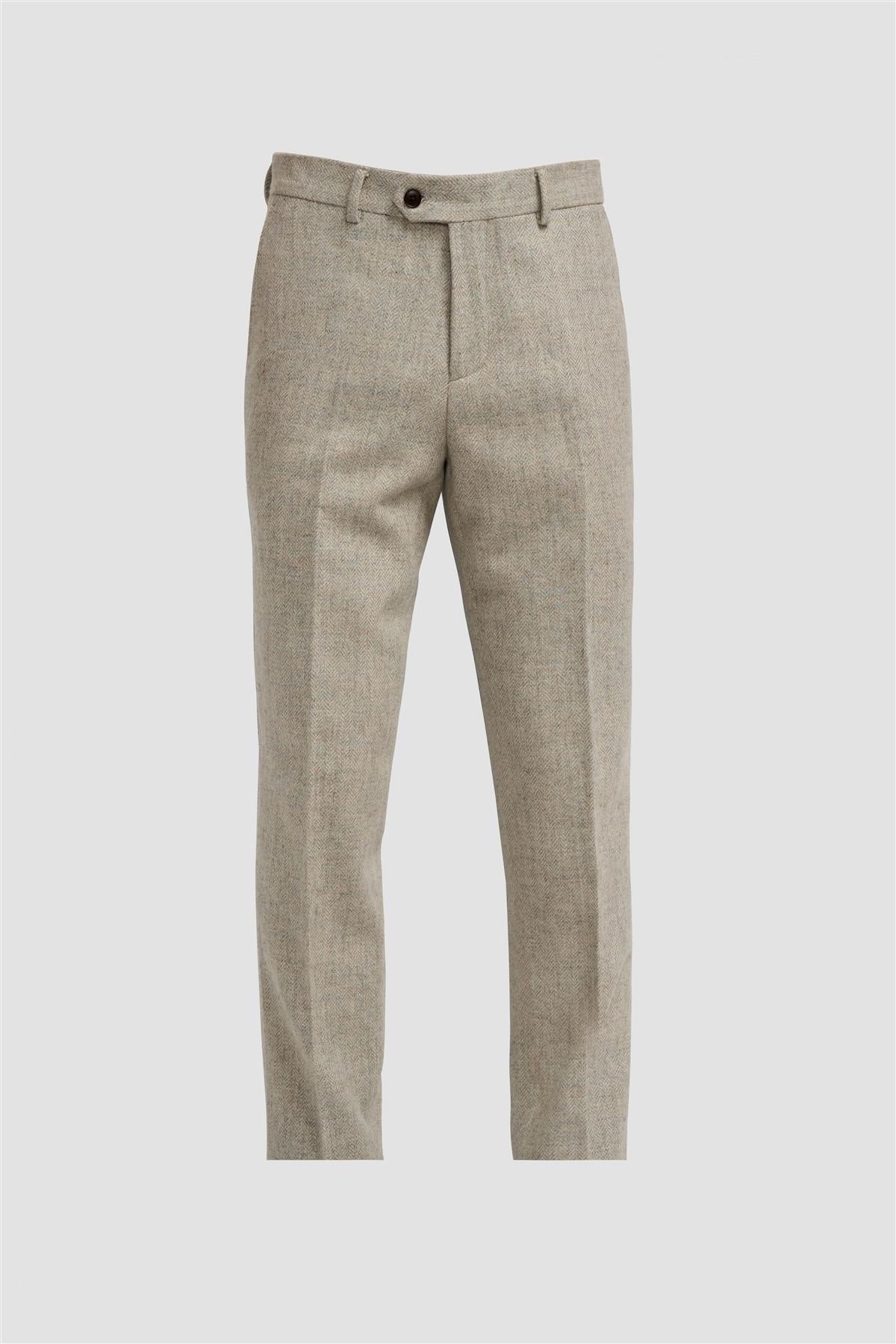 Thomas - Heren grijze wolmix visgraat tweed broek