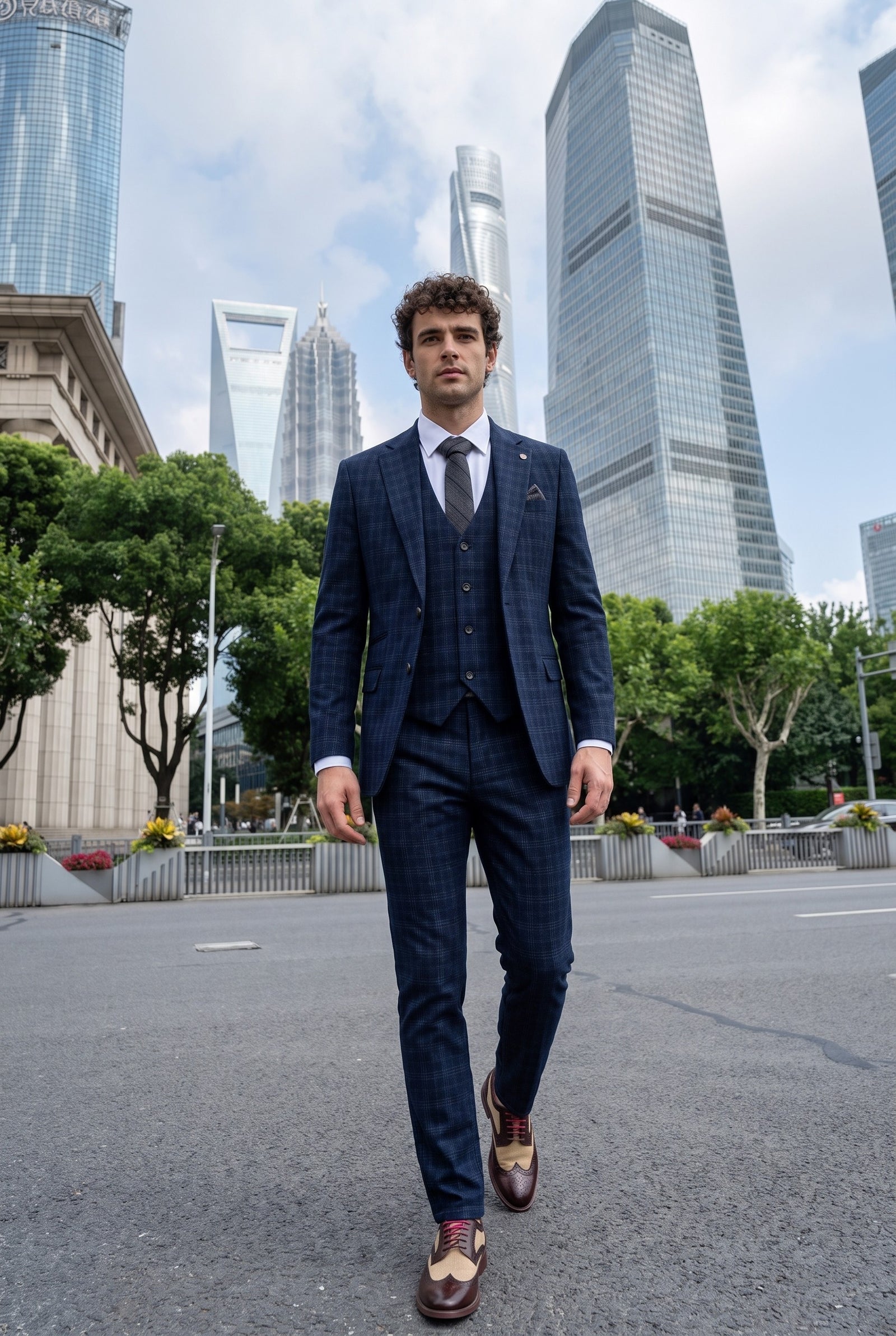 Look #570 styled with Marcos - Heren marineblauw geruit slim fit 3-delig pak