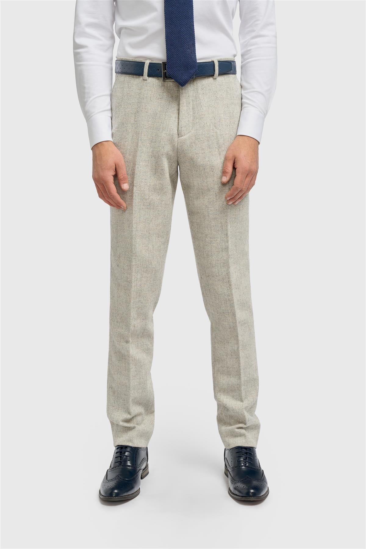Thomas - Heren grijze wolmix visgraat tweed broek