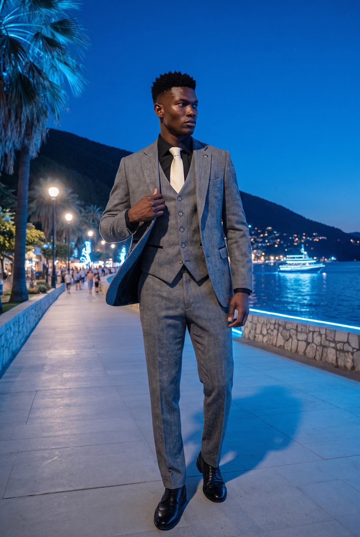 Look #975 styled with IM41 - Grijs 3-delig visgraat tweedpak voor heren