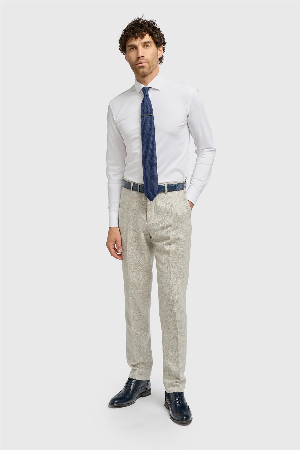 Thomas - Heren grijze wolmix visgraat tweed broek
