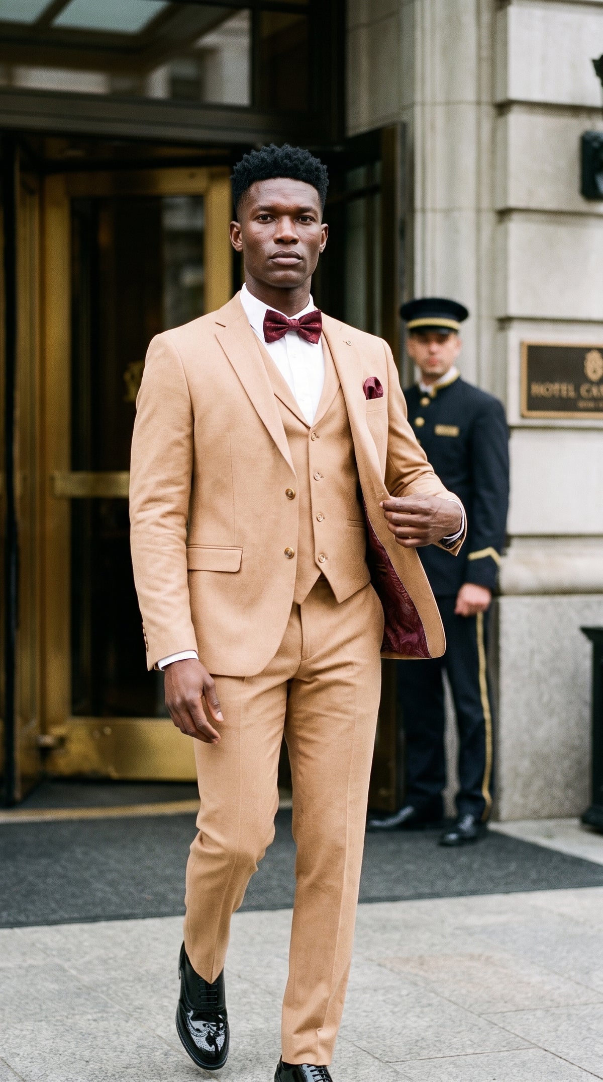 Look #644 styled with TP-23 - Heren Camel 3-delig linnen zomertrouwpak