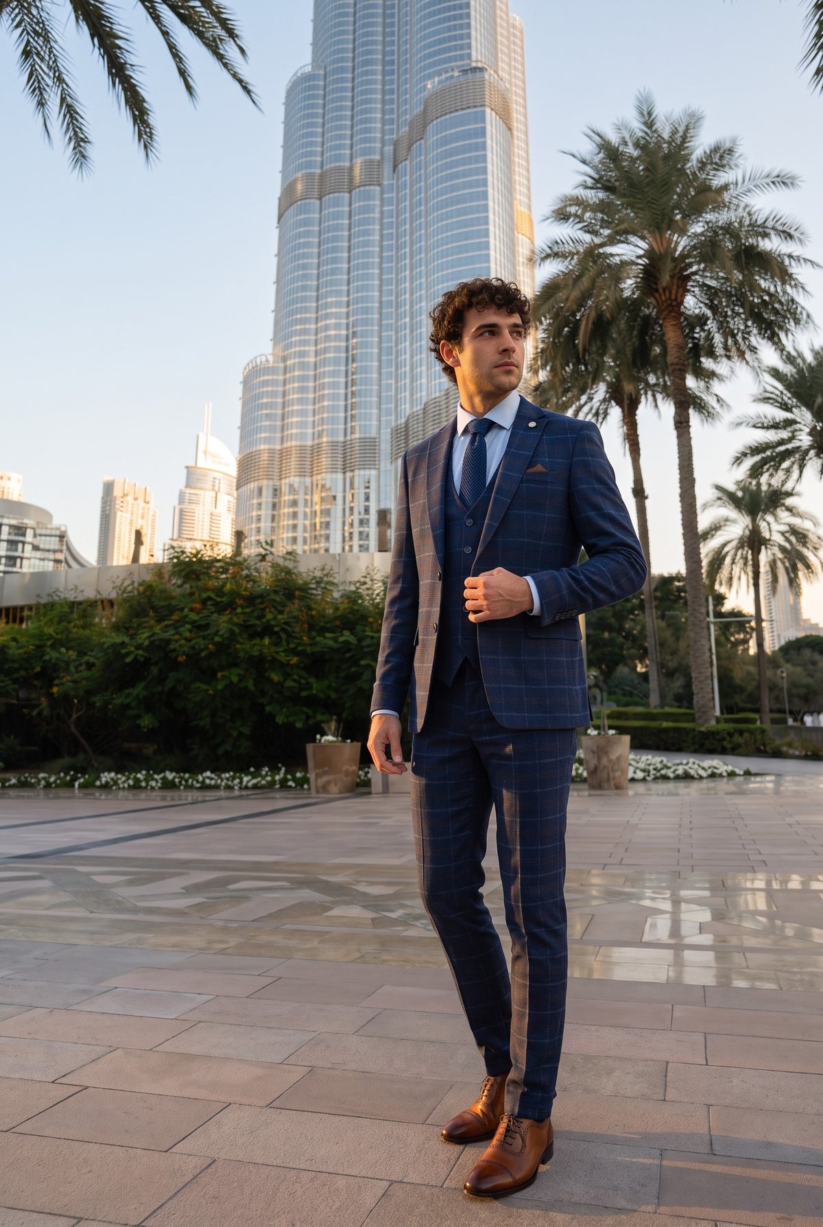 Look #978 styled with Marineblauw geruit driedelig herenpak - Paul Andrew Kenneth