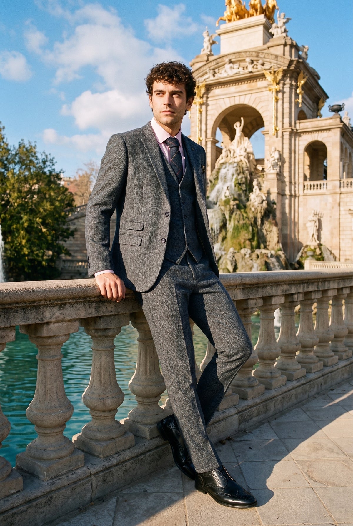 Look #955 styled with Heren Tweed Herringbone Textuur Marc Darcy Stropdassen Klassiek Vintage Retro Eton Marineblauw