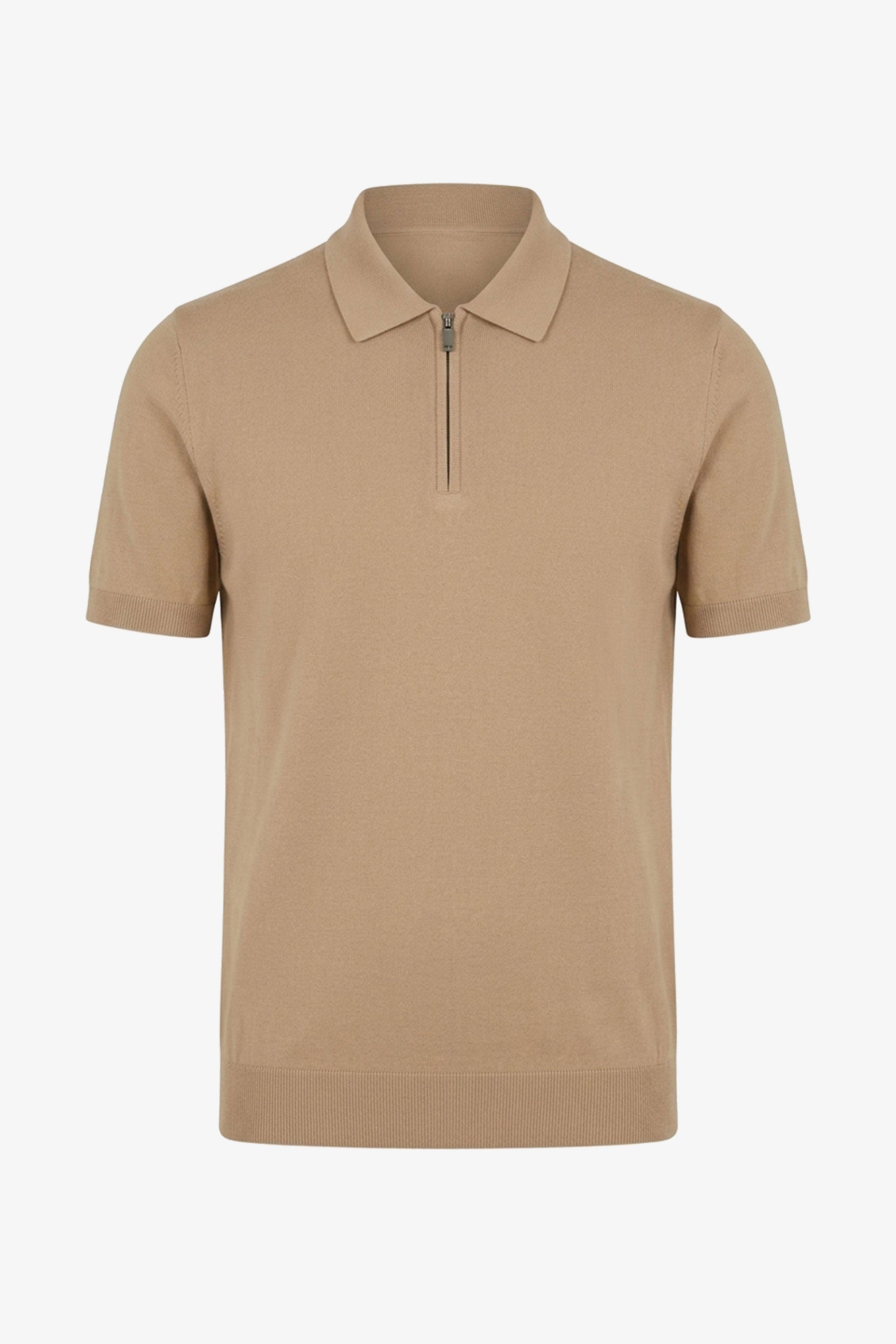Beige gebreide polo met ritssluiting in de hals voor heren