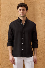 Herenoverhemd met lange mouwen, zwart, puur linnen, knoopsluiting, zomeroverhemd