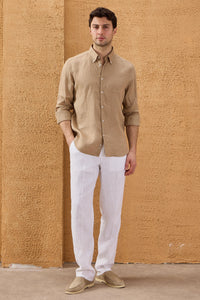 Herenoverhemd met lange mouwen, camelbruin, puur linnen, knoopsluiting, zomeroverhemd