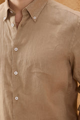 Herenoverhemd met lange mouwen, camelbruin, puur linnen, knoopsluiting, zomeroverhemd