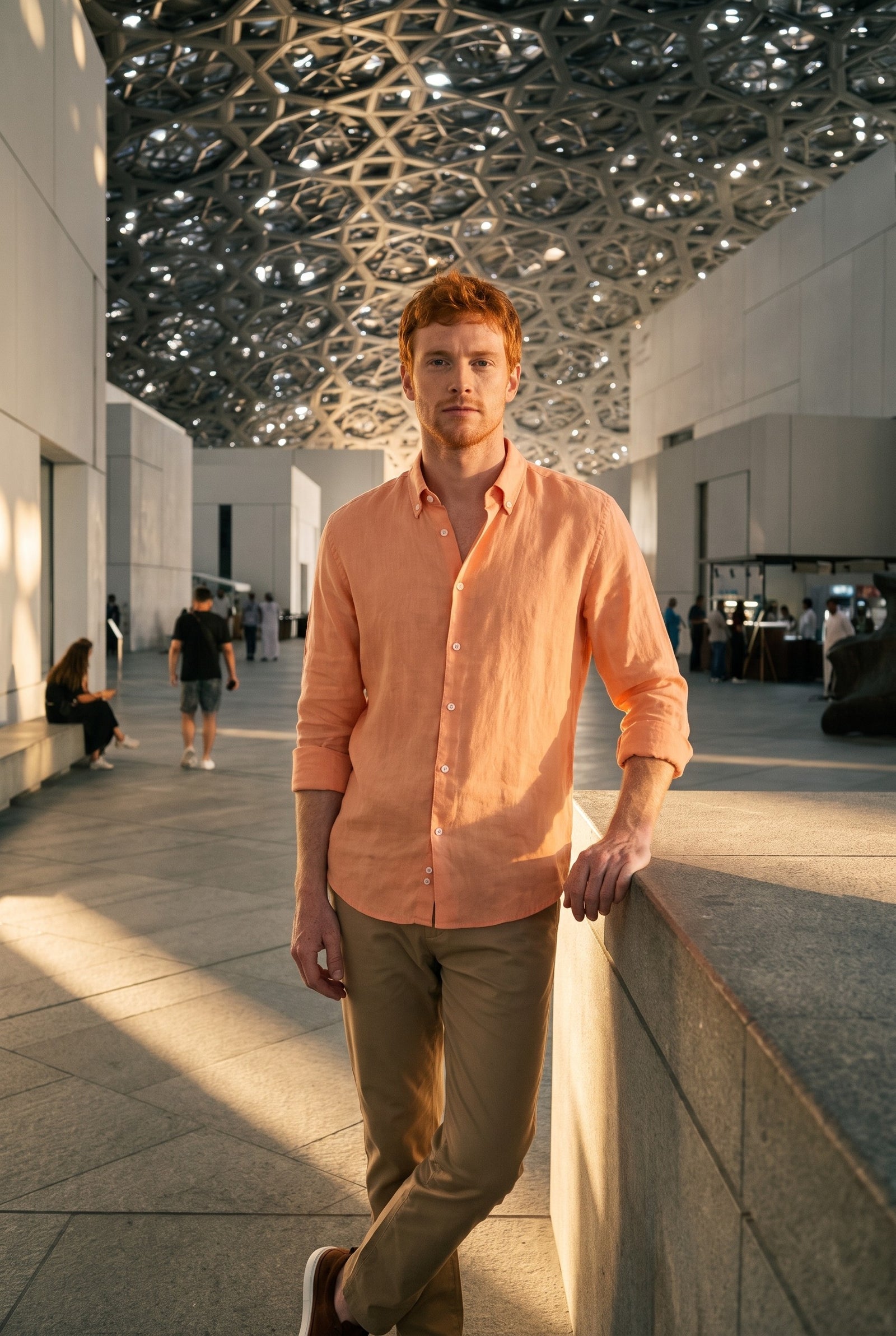 Look #1024 styled with Khaki chino broek voor heren, linnenmix, dunne Tencel katoen, zomerstof
