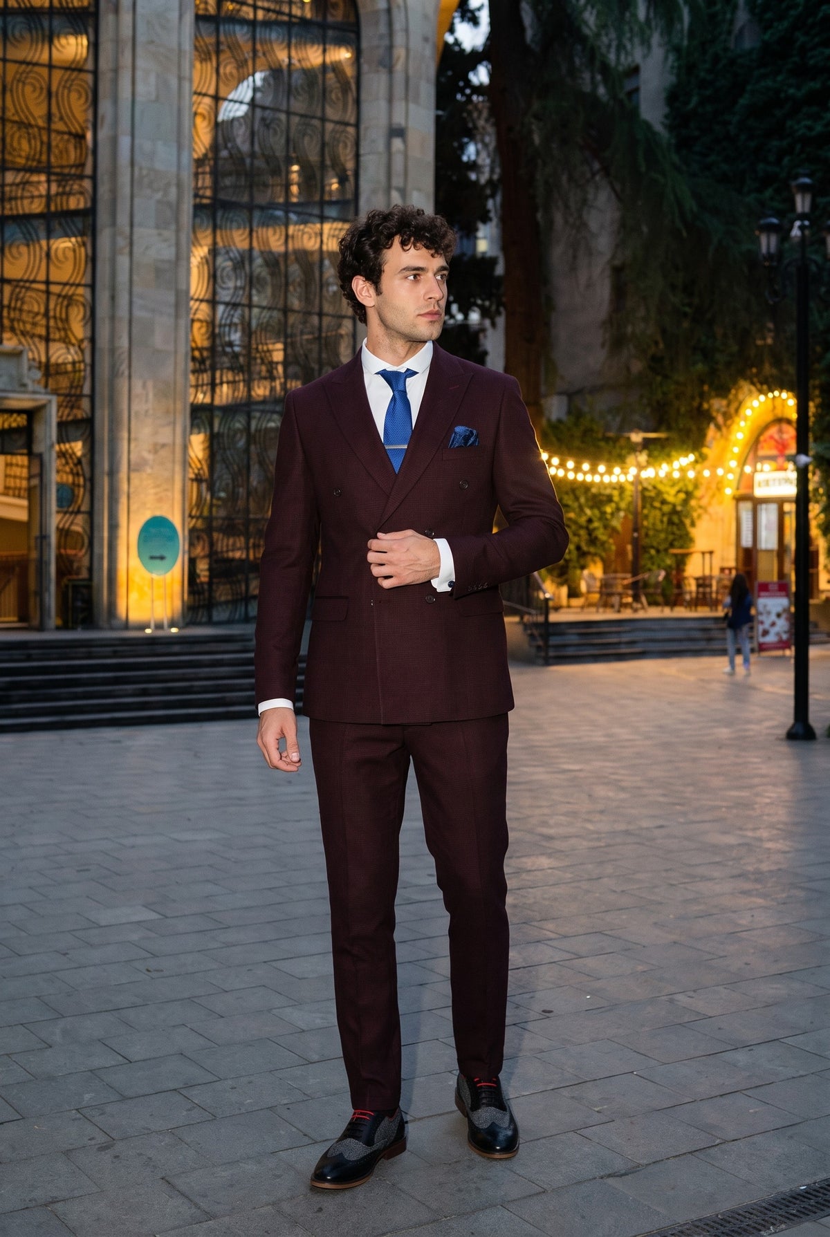 Look #733 styled with Regent - Herenpak, bordeauxrood, tweedelig, dubbelknoopsluiting