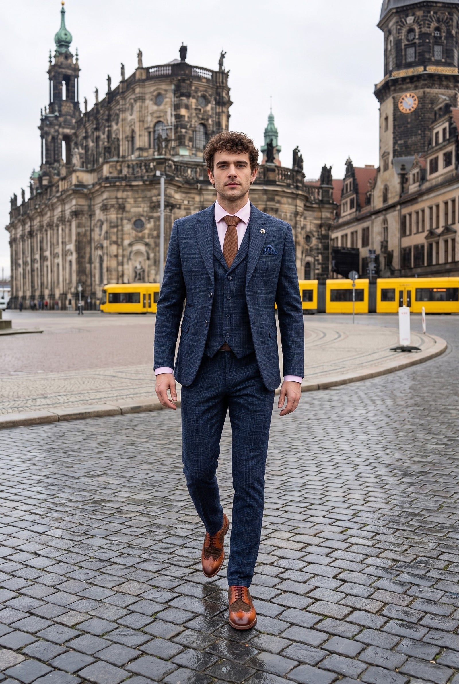 Look #981 styled with Heren blauw tartan ruit 3-delig pak
