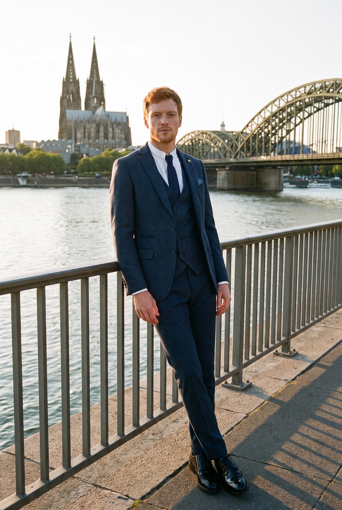Look #382 styled with Heren 3-delig marineblauw pak met dubbelrijs vest