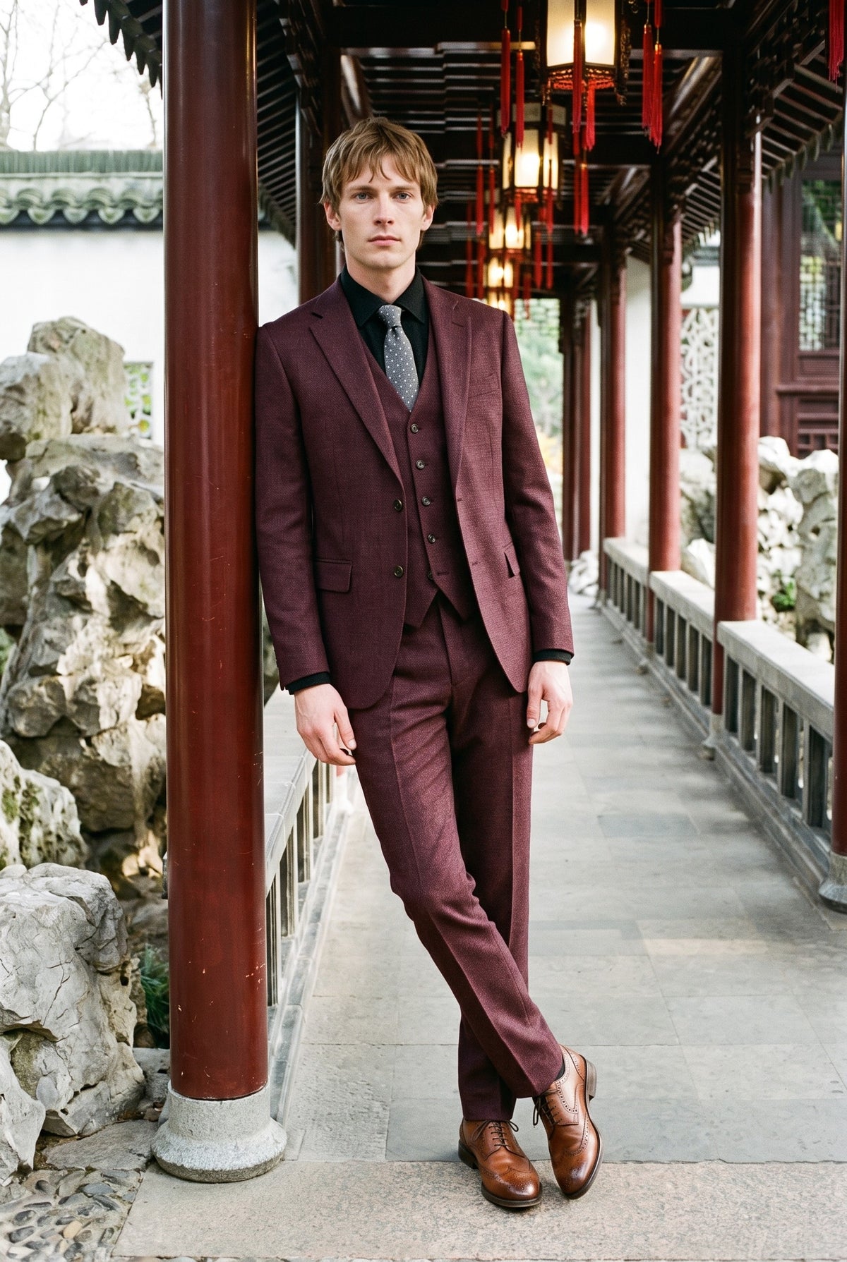 Look #237 styled with Caridi - Heren Bourgondië 3-delig geruit pak