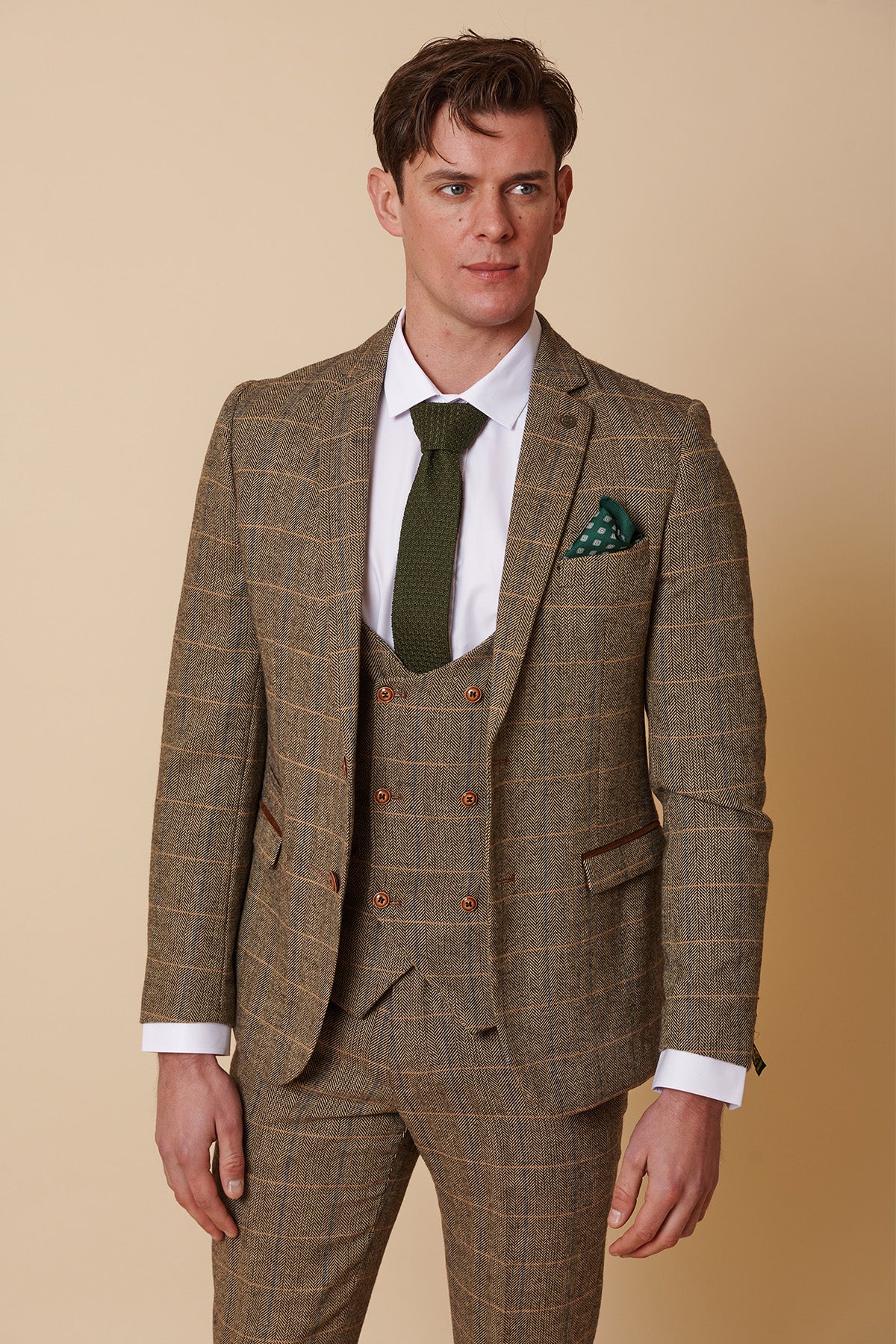 Heren 3-delig visgraat tweed bruin geruit pak, getailleerde pasvorm, dubbele klassieke pasvorm
