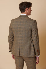 Heren 3-delig visgraat tweed bruin geruit pak, getailleerde pasvorm, dubbele klassieke pasvorm