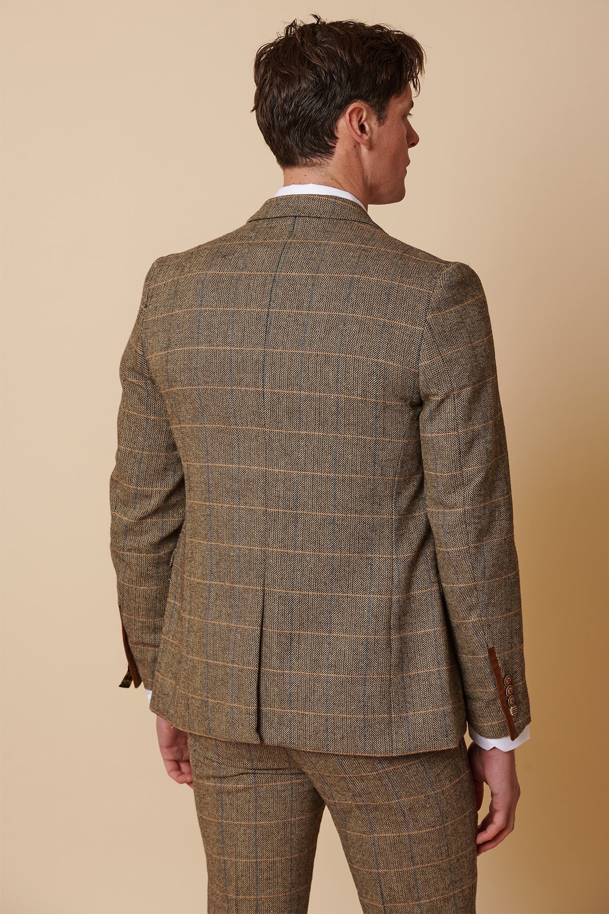 Heren 3-delig visgraat tweed bruin geruit pak, getailleerde pasvorm, dubbele klassieke pasvorm
