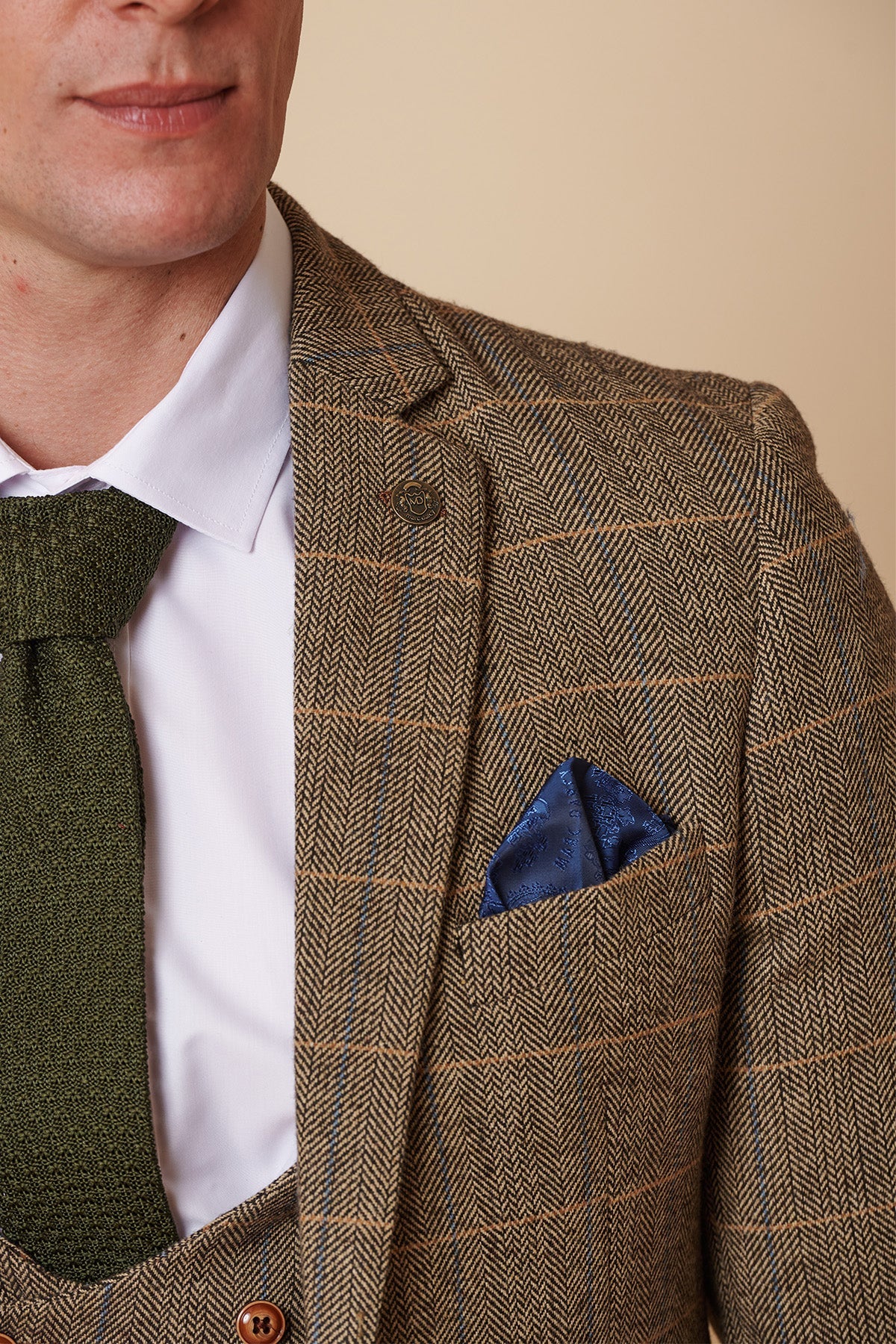 Heren 3-delig visgraat tweed bruin geruit pak, getailleerde pasvorm, dubbele klassieke pasvorm