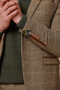 Heren 3-delig visgraat tweed bruin geruit pak, getailleerde pasvorm, dubbele klassieke pasvorm