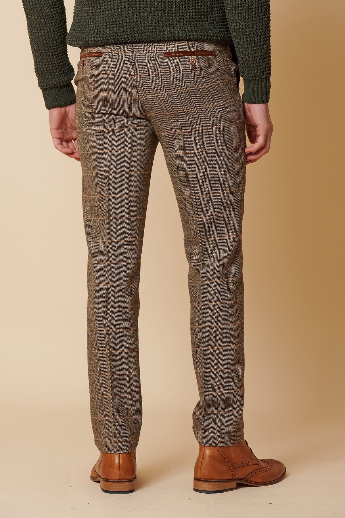 Heren 3-delig visgraat tweed bruin geruit pak, getailleerde pasvorm, dubbele klassieke pasvorm