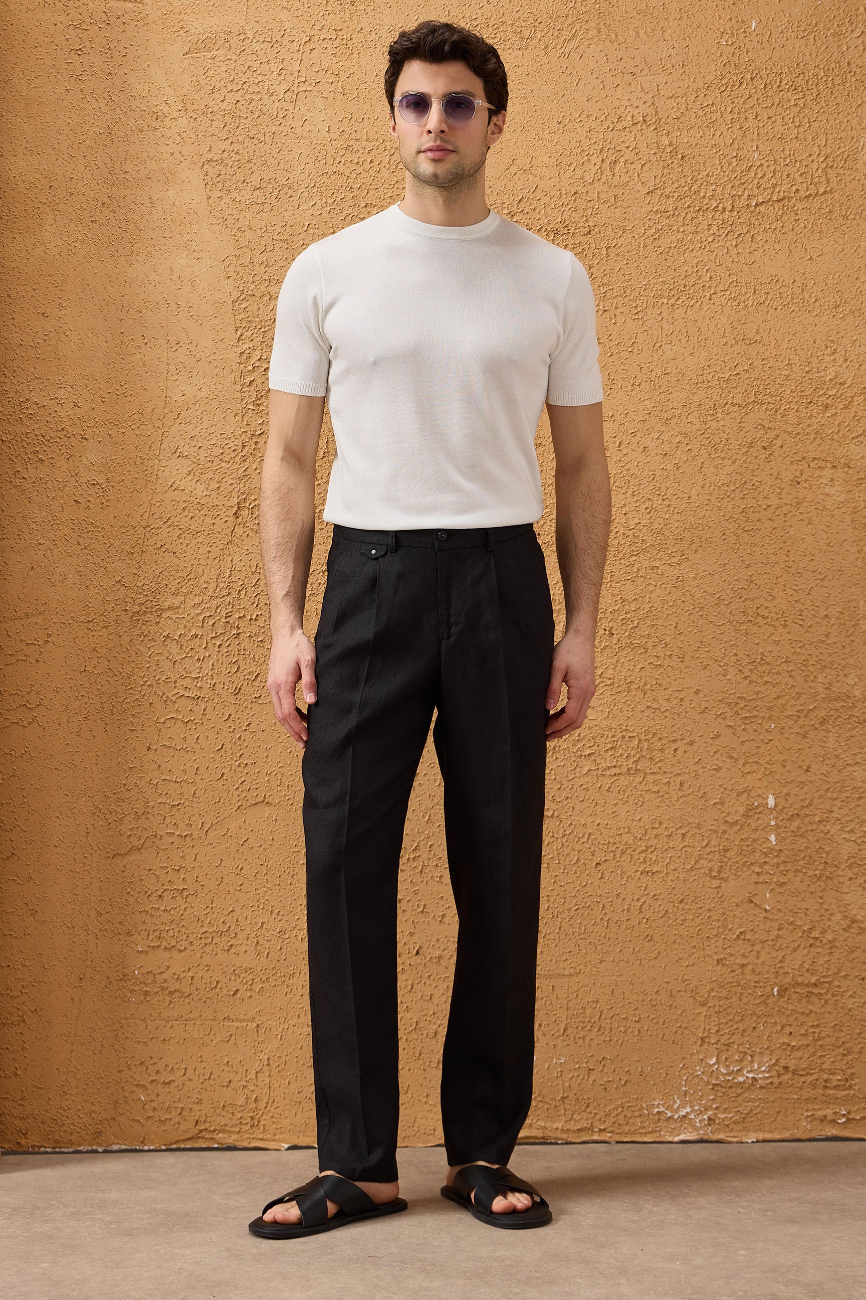 Herenpak van zwart linnen, smart casual, 2-delig, met ritssluiting aan de voorkant, safari-stijl, zomer