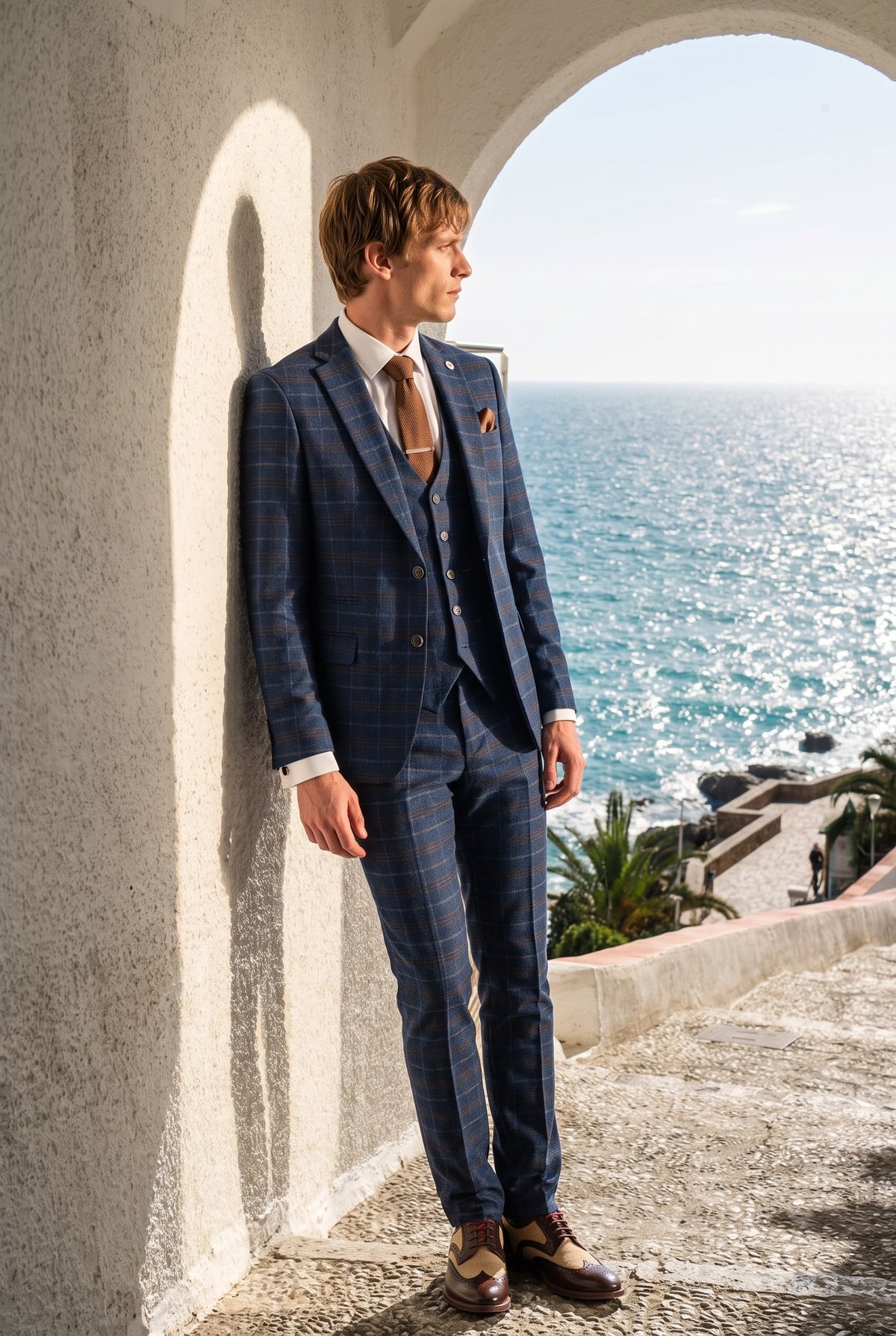 Look #936 styled with Marineblauw geruit driedelig herenpak - Paul Andrew Kenneth