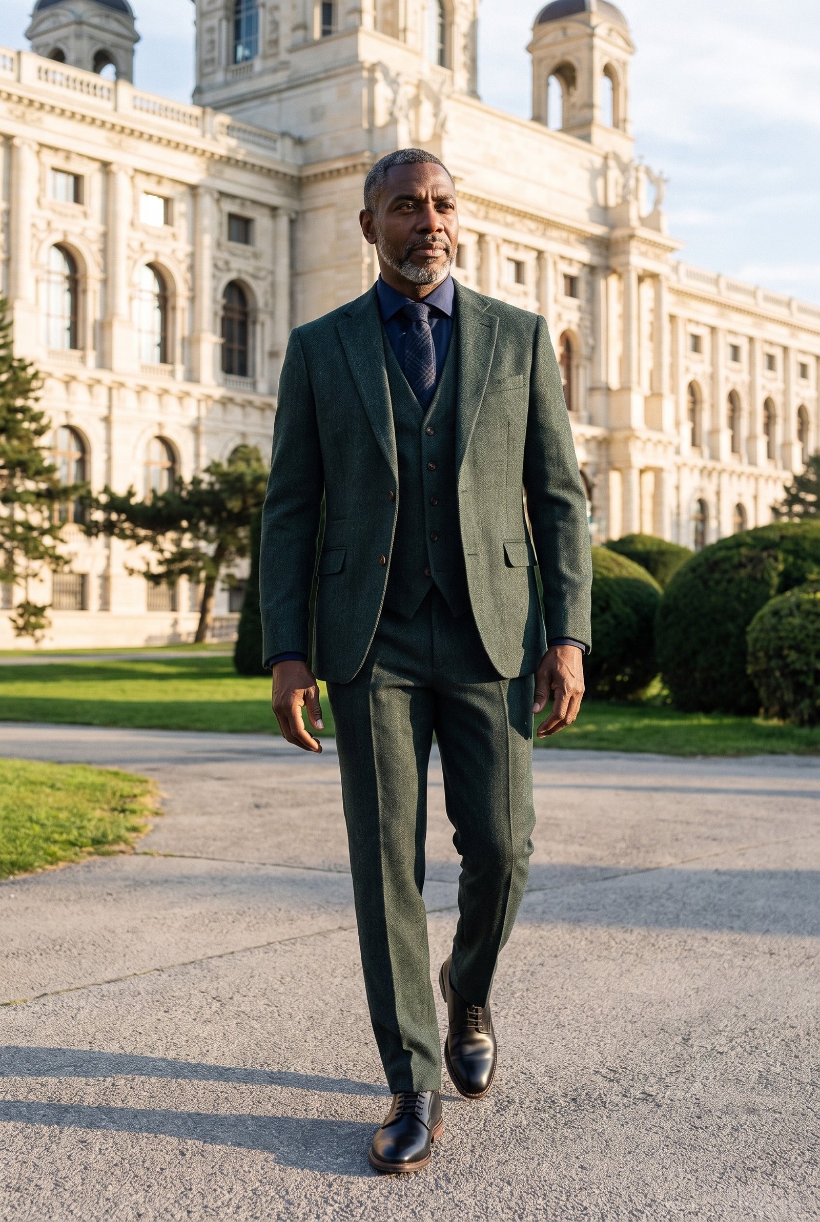 Look #957 styled with Thomas - Olijfgroen 3-delig wolmix tweedpak