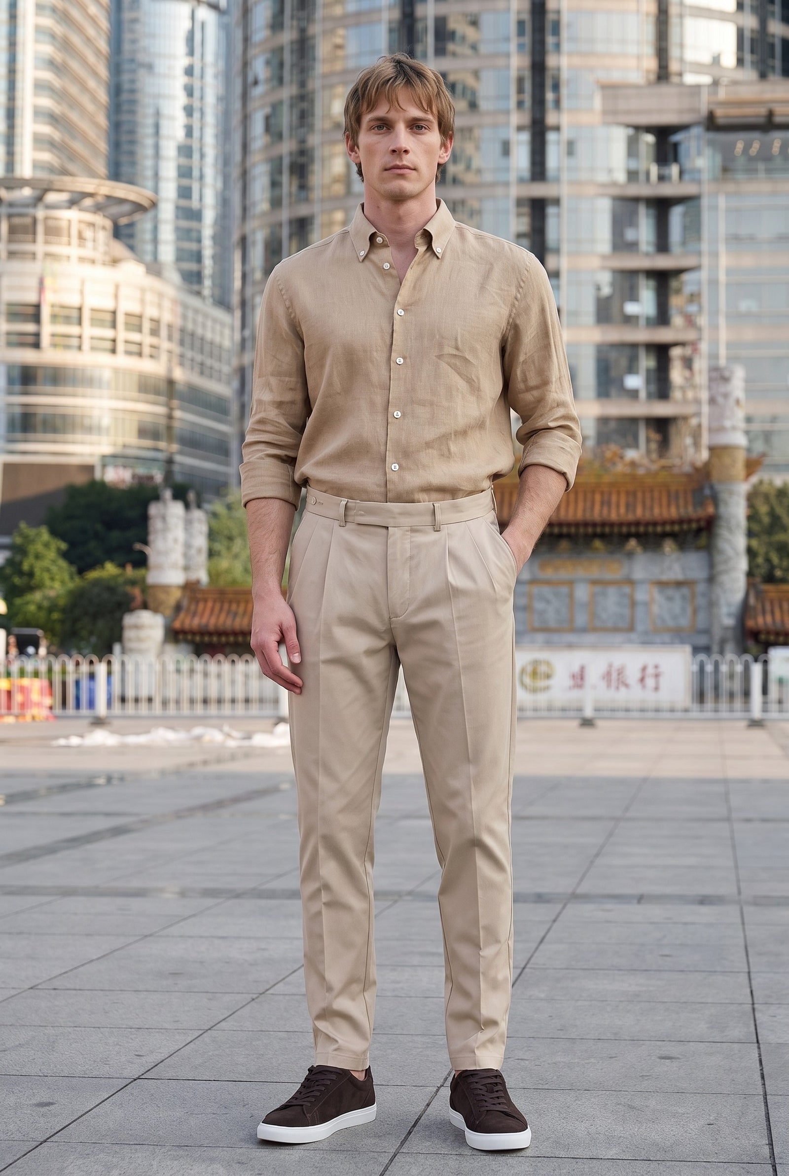 Look #1022 styled with Herenoverhemd met lange mouwen, camelbruin, puur linnen, knoopsluiting, zomeroverhemd