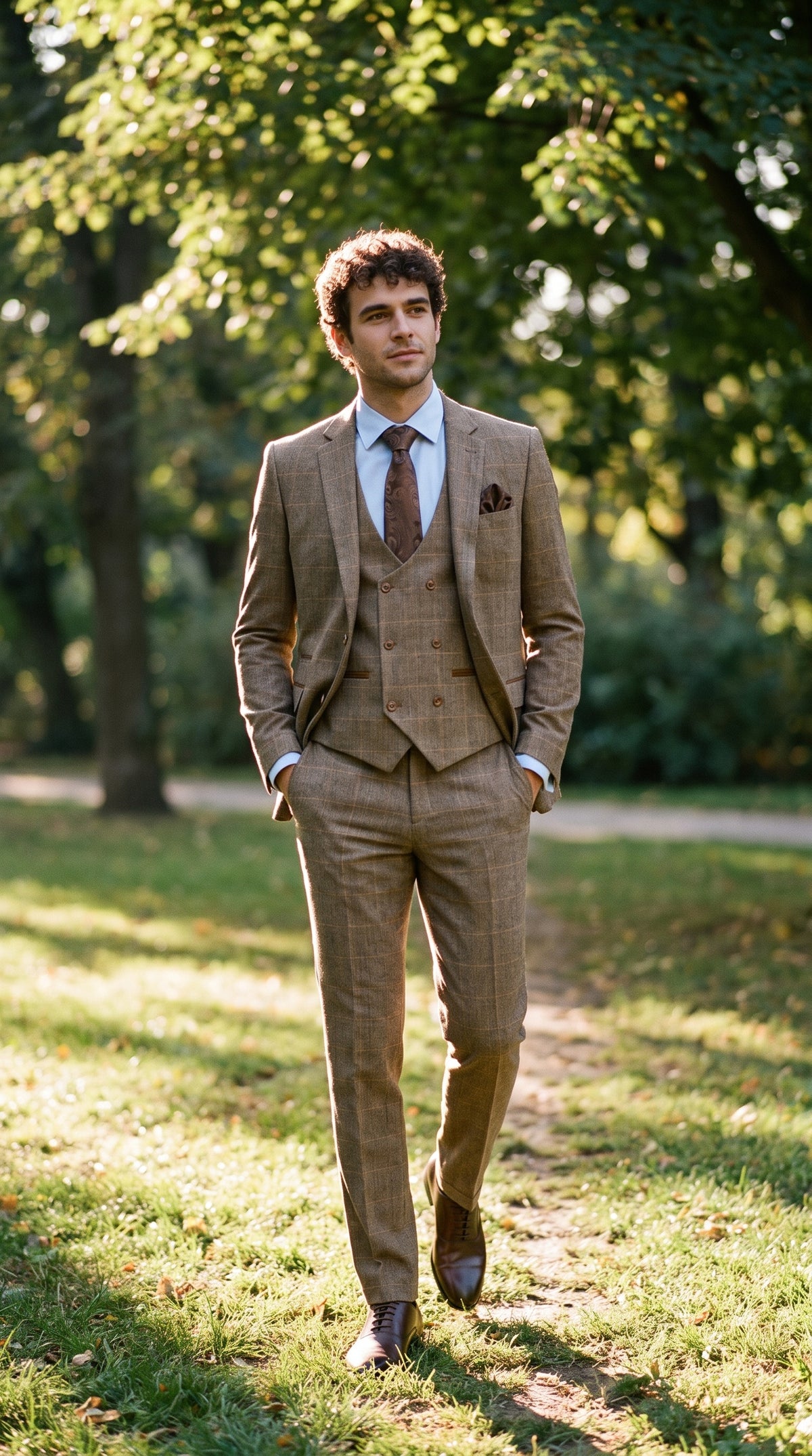 Look #343 styled with Heren 3-delig visgraat tweed bruin geruit pak, getailleerde pasvorm, dubbele klassieke pasvorm