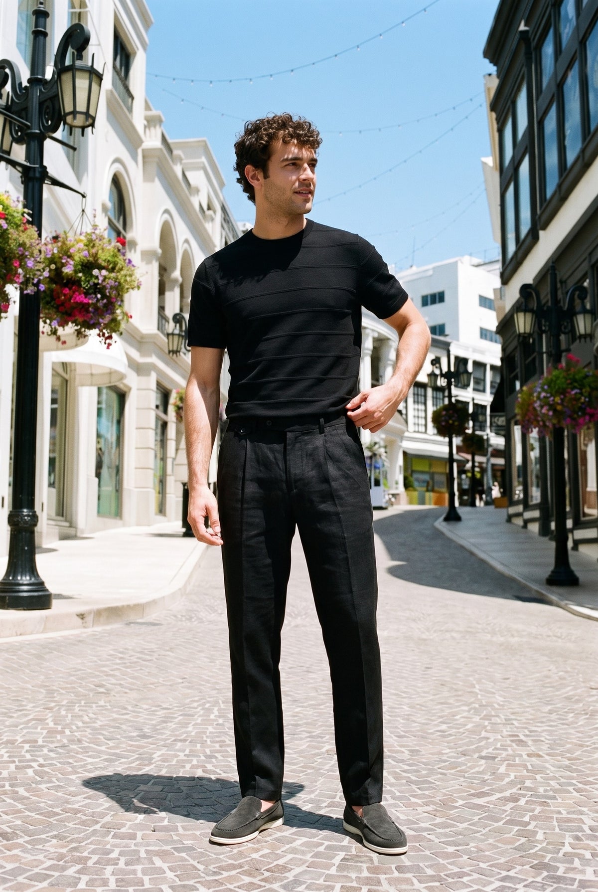 Look #876 styled with Zwarte herenbroek van 100% linnen met plooien en trekkoord, relaxte rechte pasvorm.