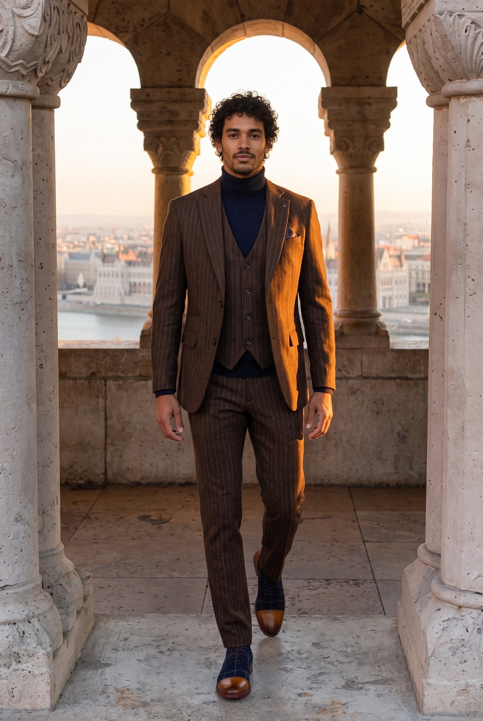 Look #959 styled with Heren bruin krijtstreep slim fit 3-delig pak