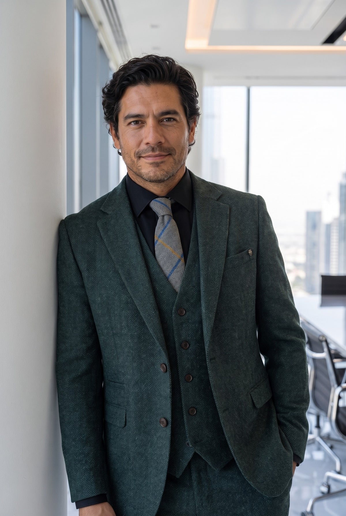 Look #976 styled with Thomas - Olijfgroen 3-delig wolmix tweedpak