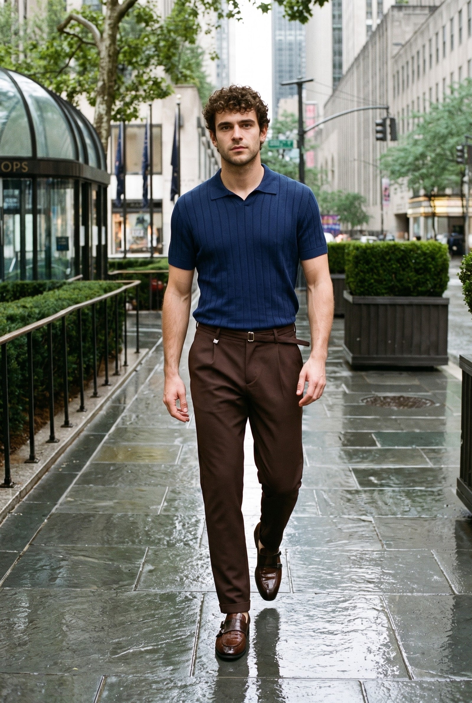 Look #907 styled with Bruine geplooide Gurkha-broek voor heren, verstelbare taille, getailleerde pasvorm.