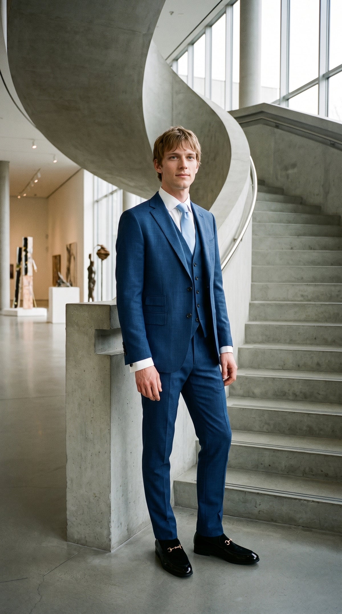 Look #842 styled with Herenblauw zomerlinnen pak