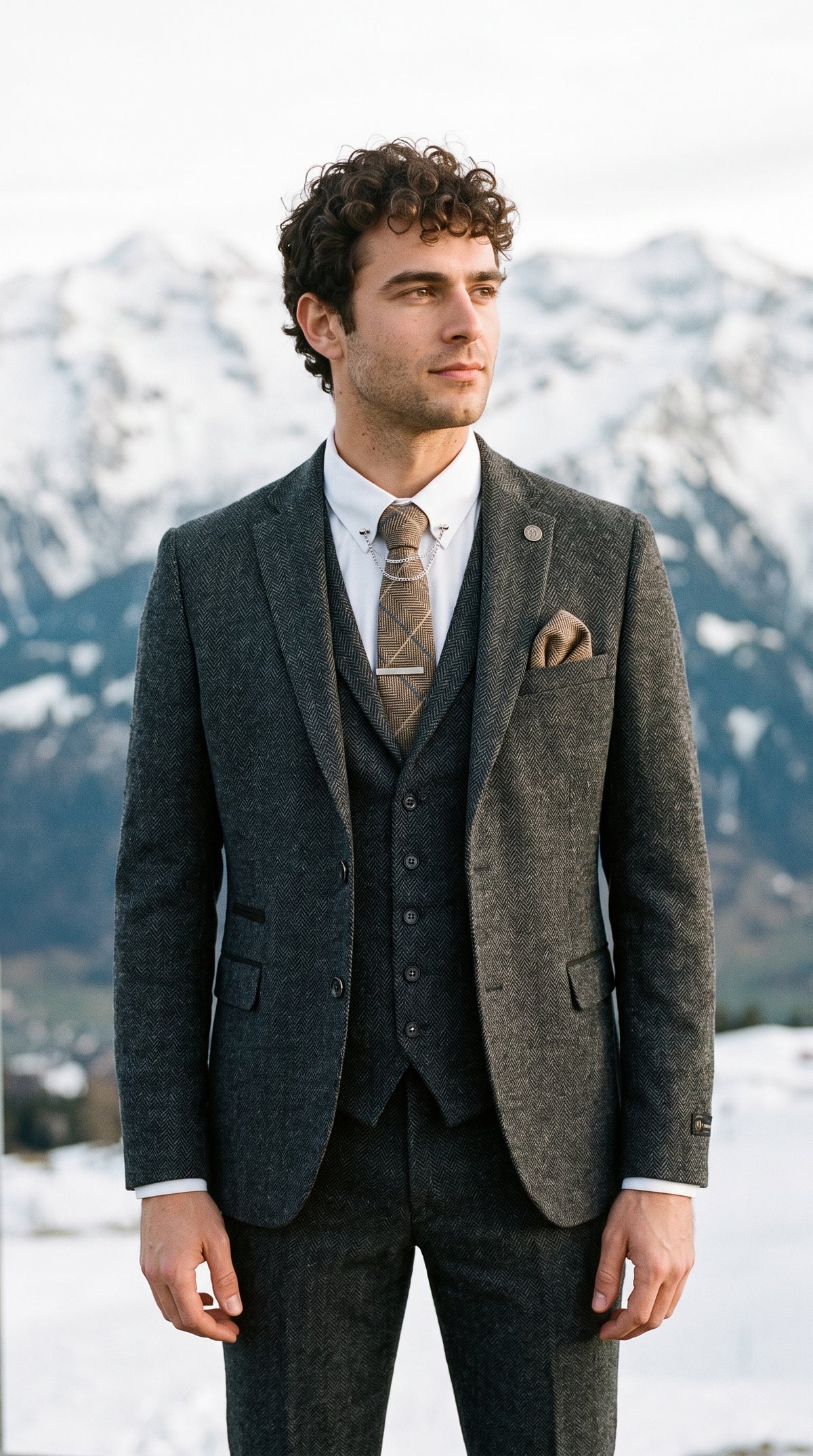 Look #637 styled with Heren antracietgrijs 3-delig tweed visgraatpak - STZ11