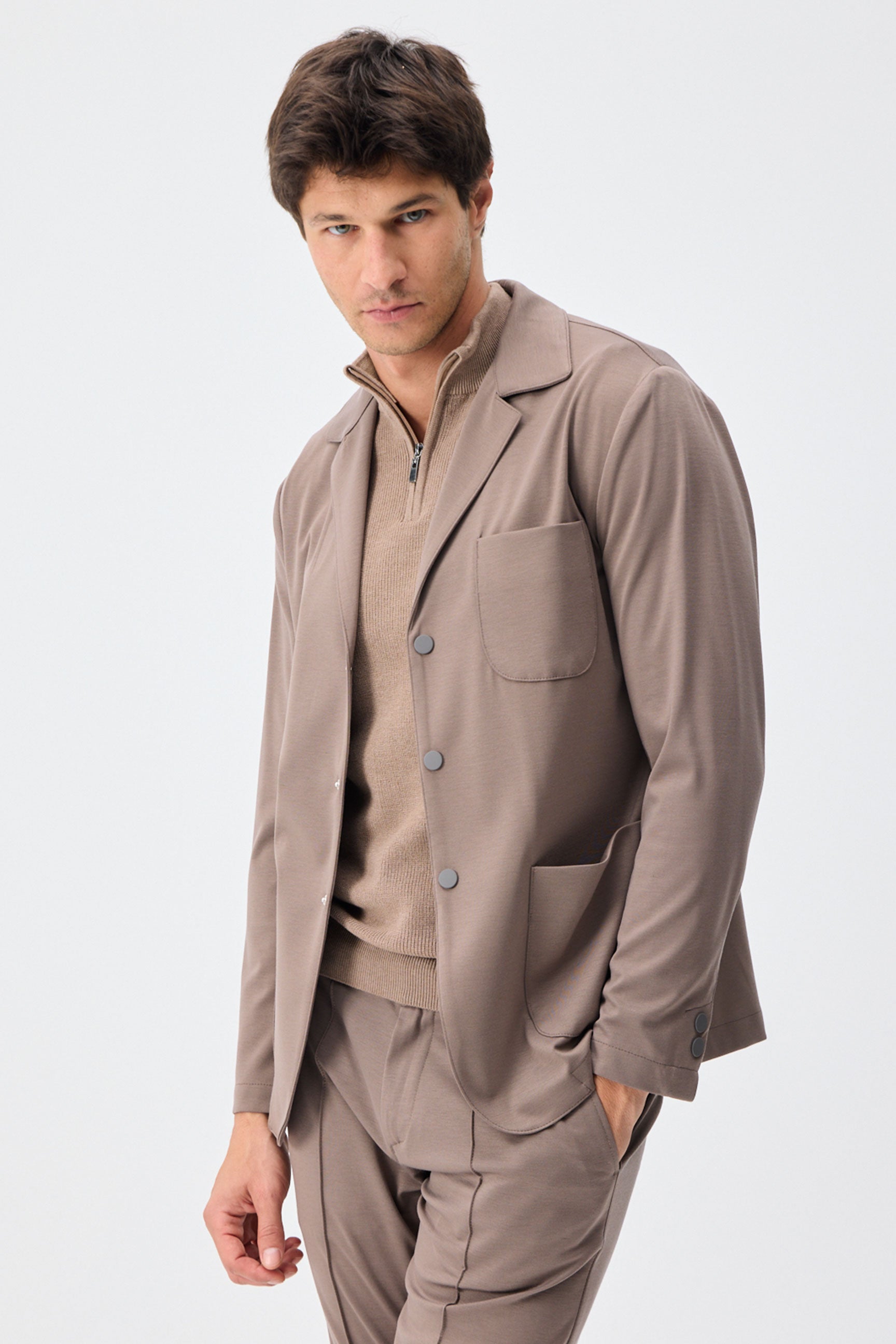 Herenblazer van zachte jersey in taupebruine, smart casual stijl
