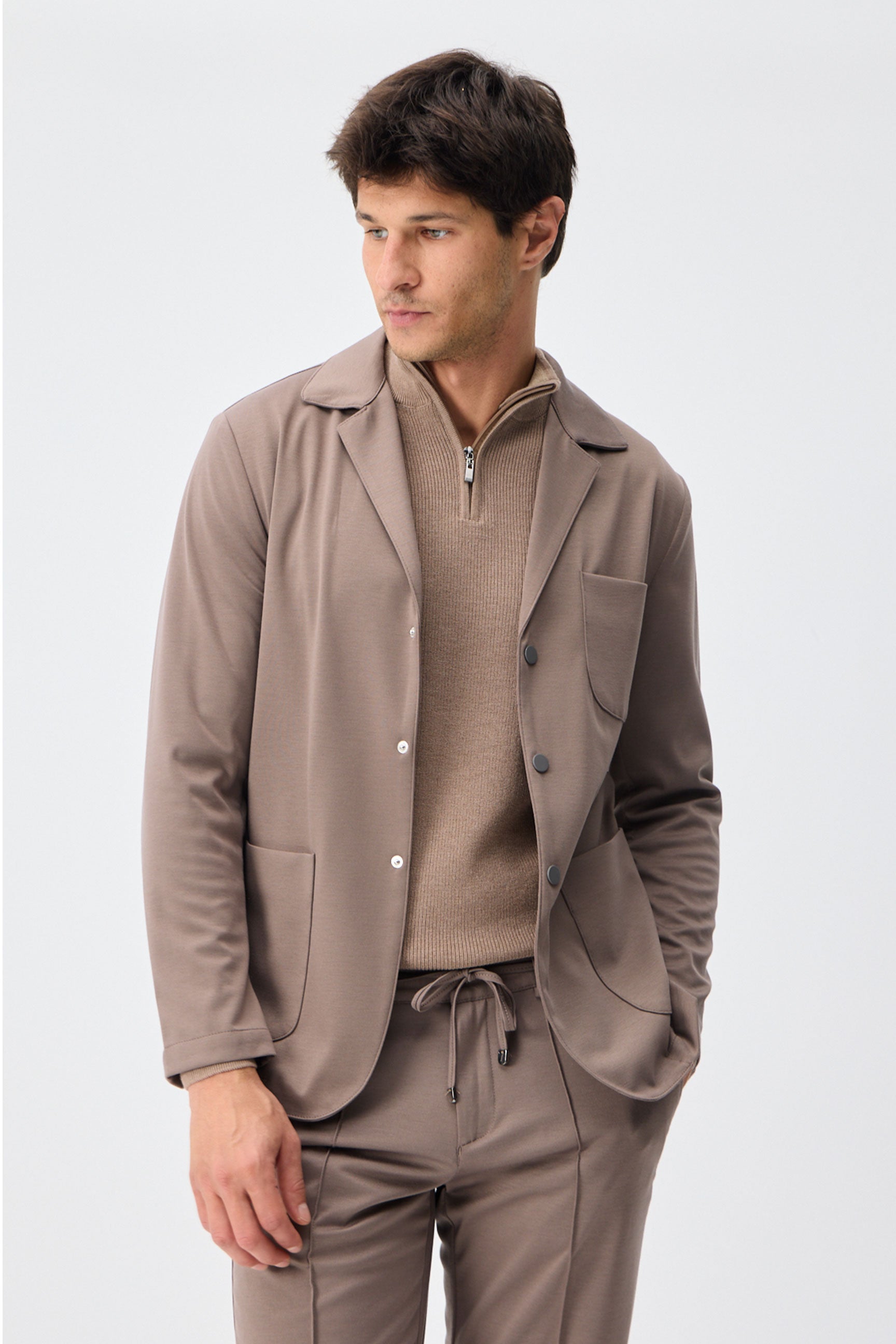 Herenblazer van zachte jersey in taupebruine, smart casual stijl