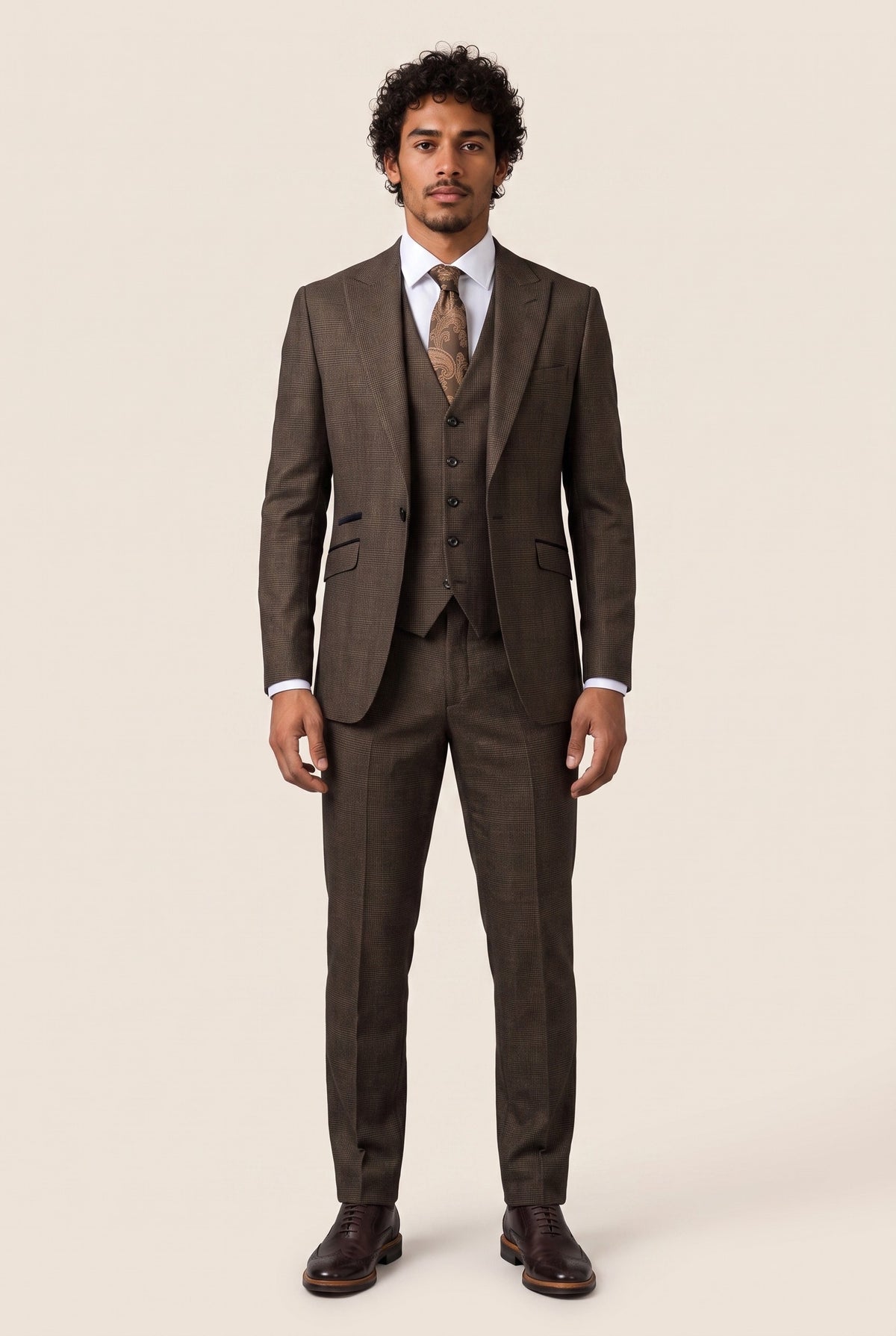 Look #1004 styled with Heren 3-delig geruit pak Tweed zwart bruin op maat gemaakt bruiloft Peaky Classic