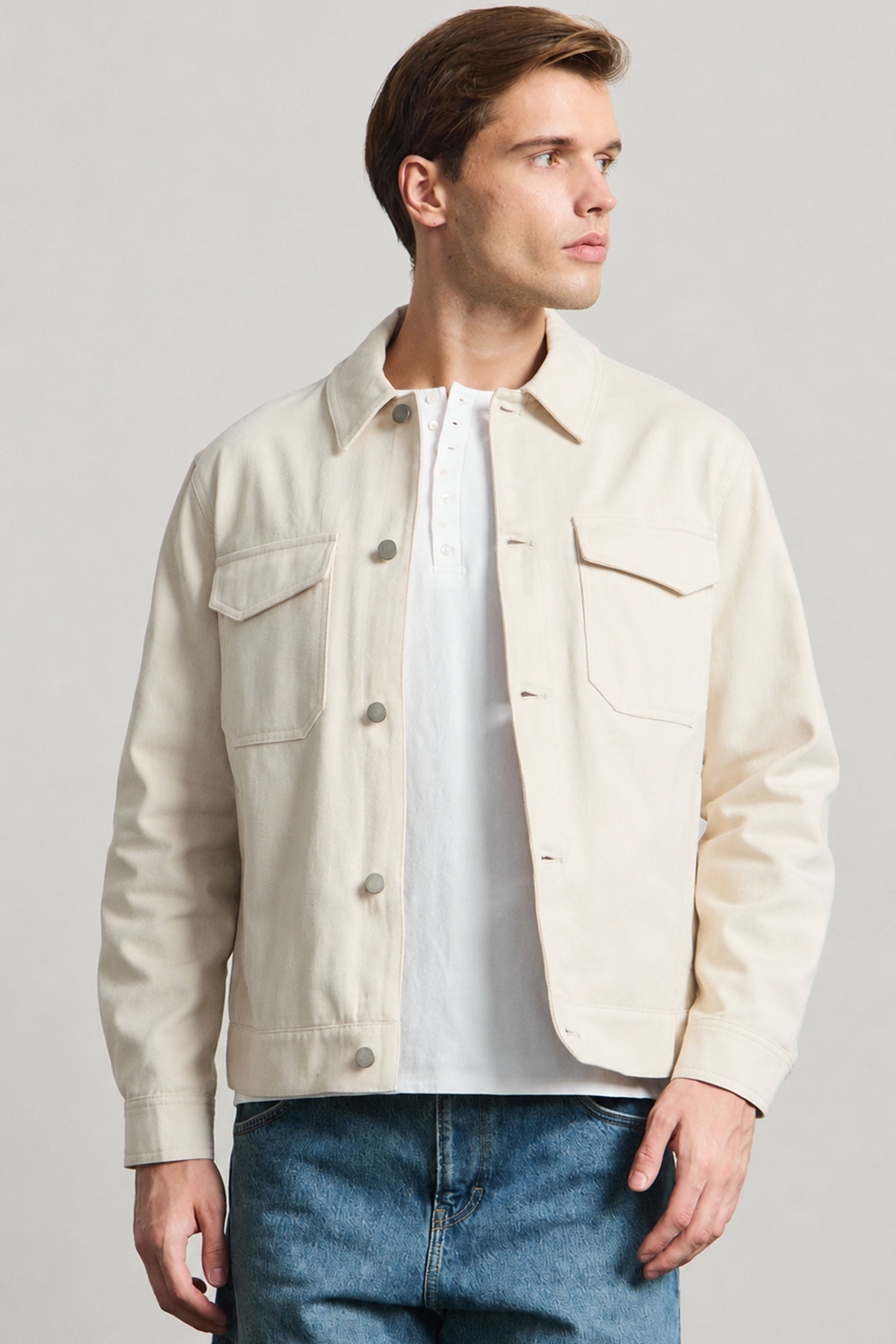 Beige katoenen twill herenjas - Truckeroverhemd