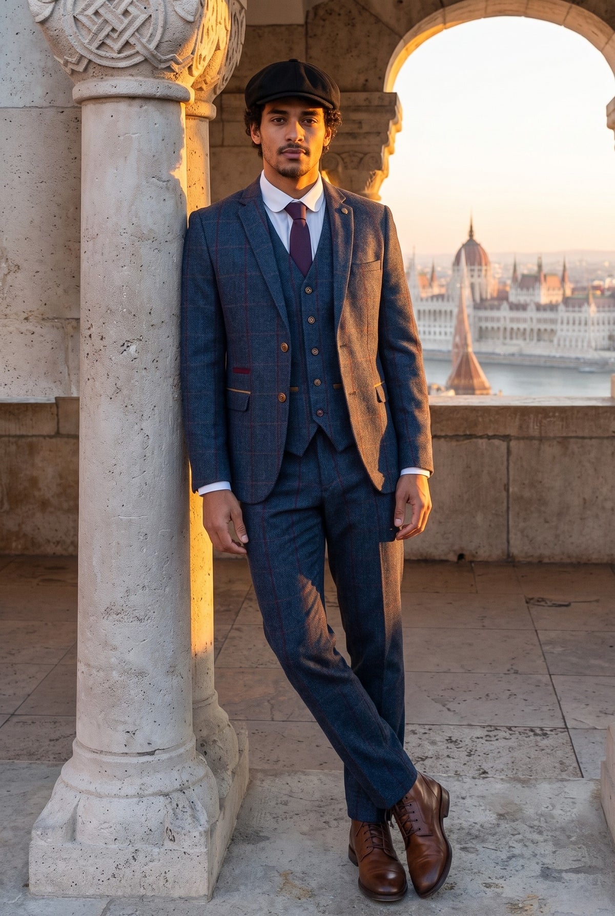 Look #553 styled with Heren visgraat tweed 3-delig marineblauw rood geruit pak vintage jaren 20 op maat gemaakt