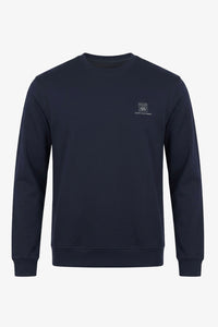 Herensweatshirt met ronde hals, lange mouwen en stretch, gemaakt van een marineblauwe katoenmix.