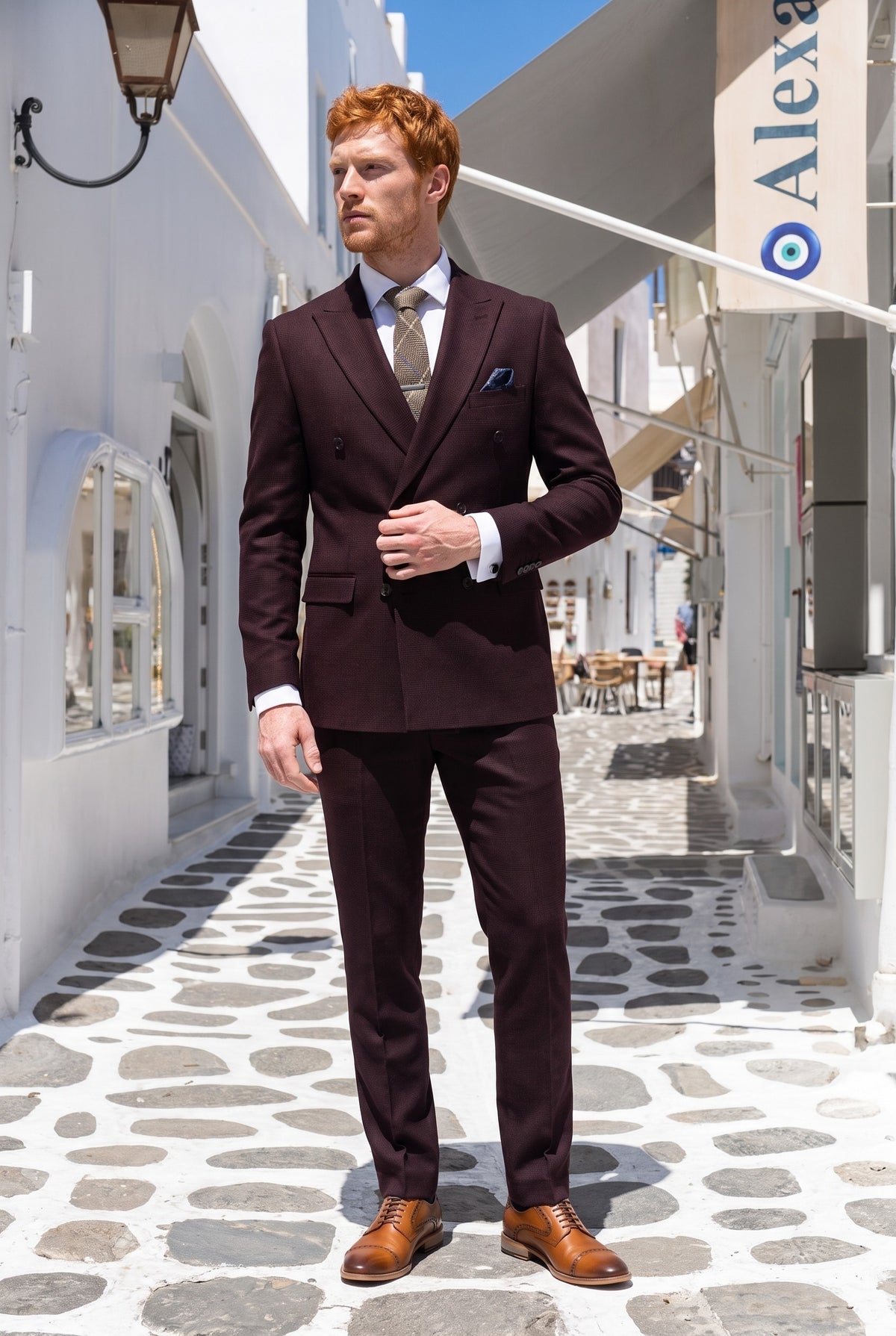 Look #732 styled with Regent - Herenpak, bordeauxrood, tweedelig, dubbelknoopsluiting