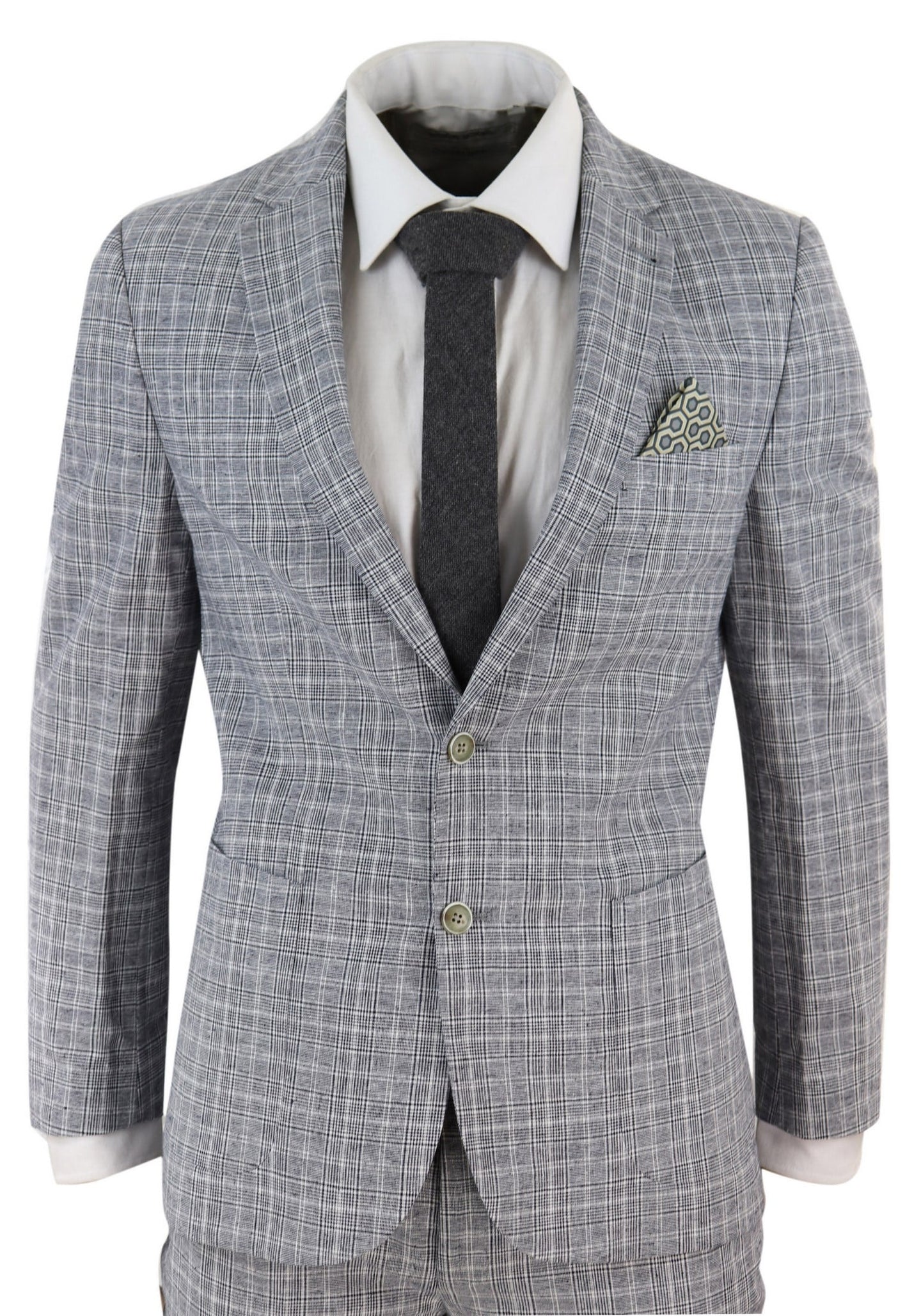 Men's Black-Grey Check 2 Piece Linen Suit
