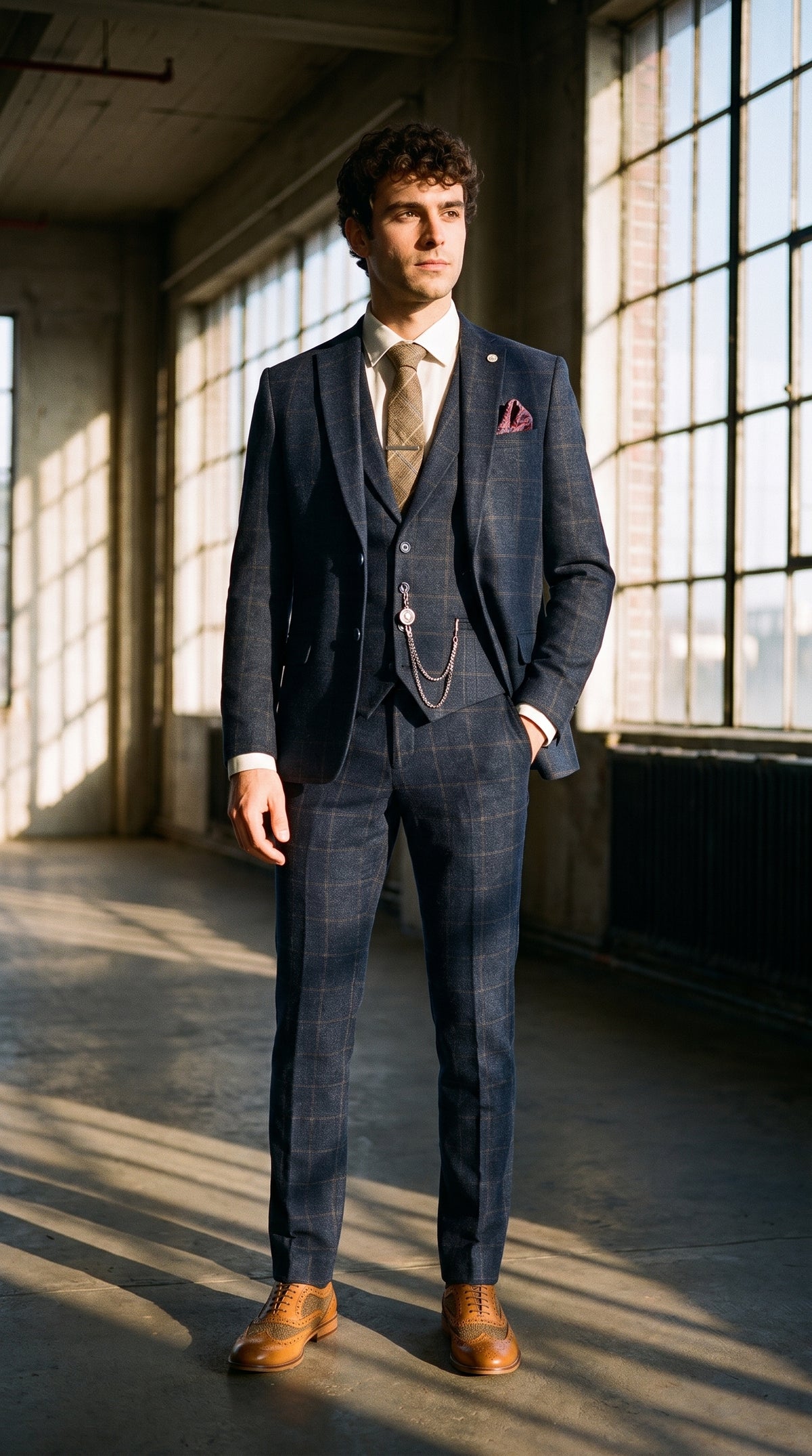 Look #725 styled with Heren 3-delig pak wollen tweed marineblauw bruin geruit jaren 20 Gatsby
