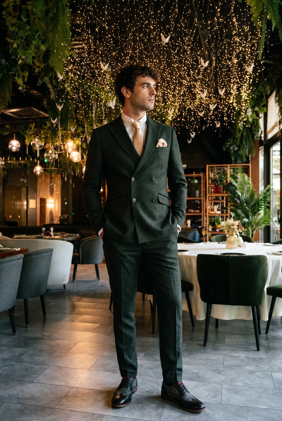 Look #784 styled with Caridi - Heren 2-delig olijfgroen dubbelrijs pak