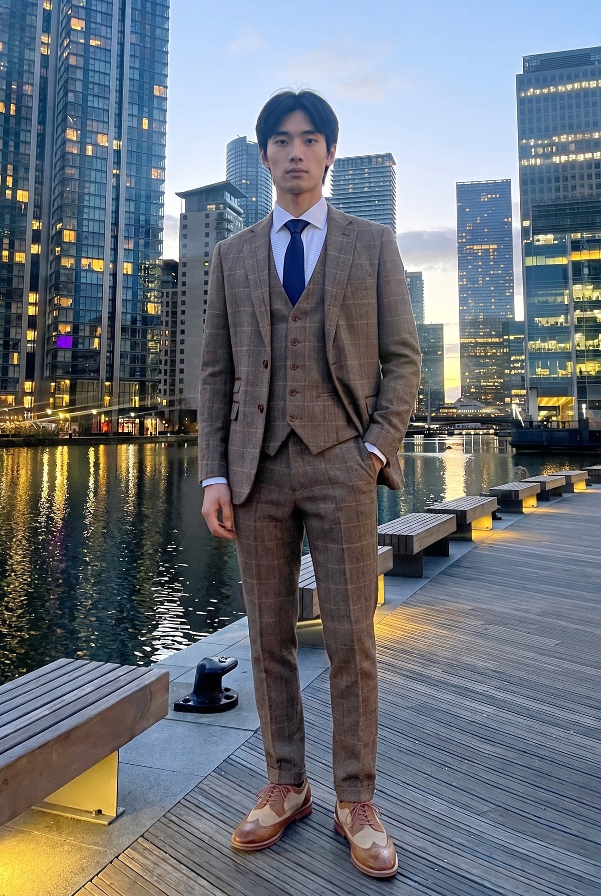 Look #536 styled with Harris - Herenpak van driedelige bruine tweed met visgraatmotief