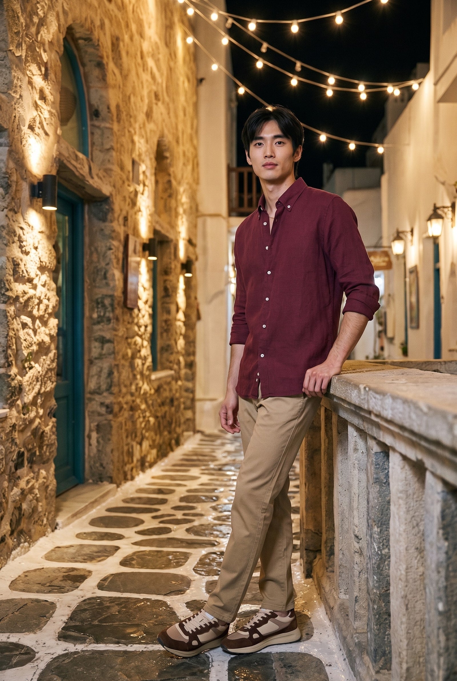 Look #1031 styled with Khaki chino broek voor heren, linnenmix, dunne Tencel katoen, zomerstof