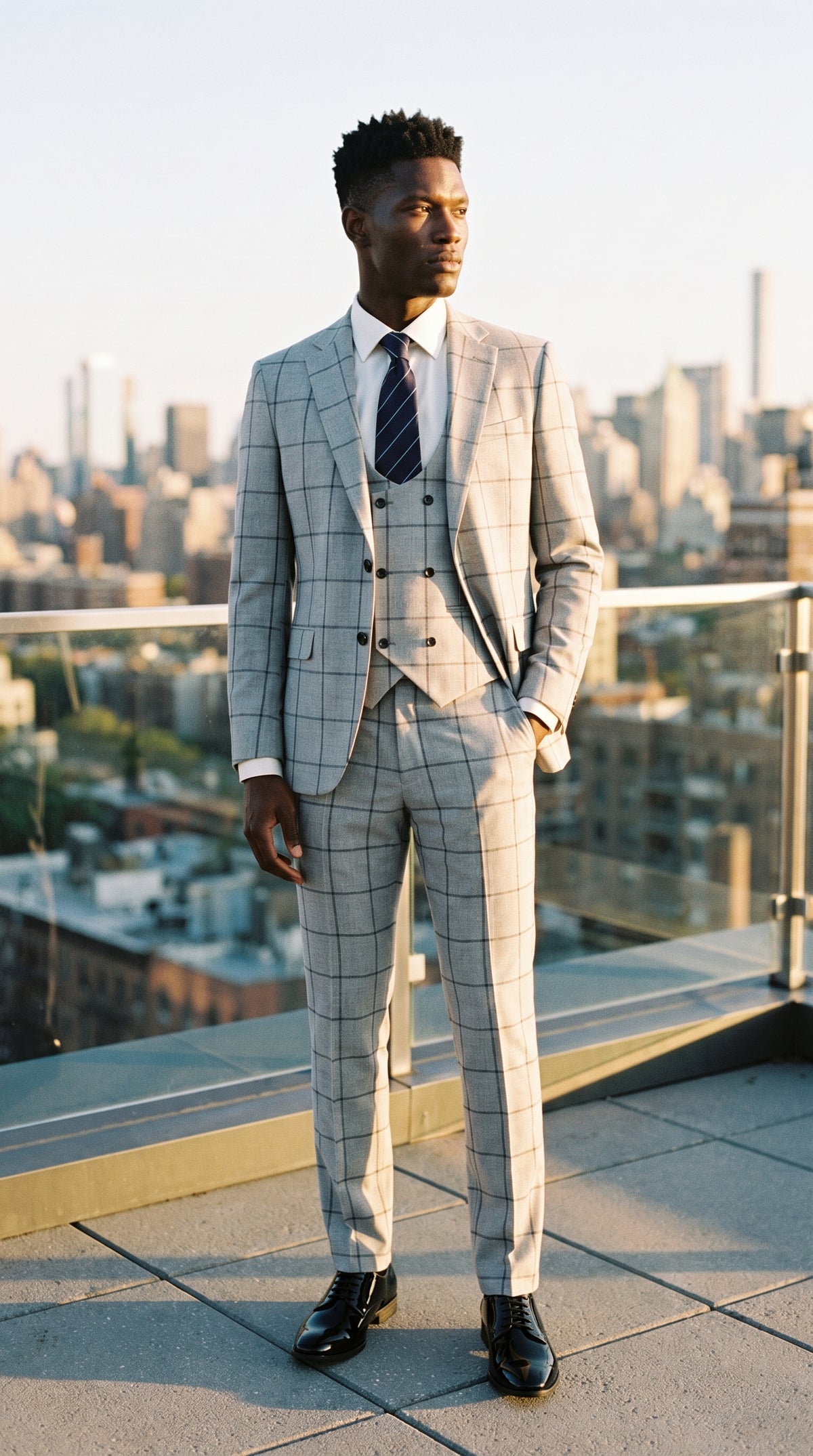 Look #332 styled with Lichtgrijs geruit 3-delig pak