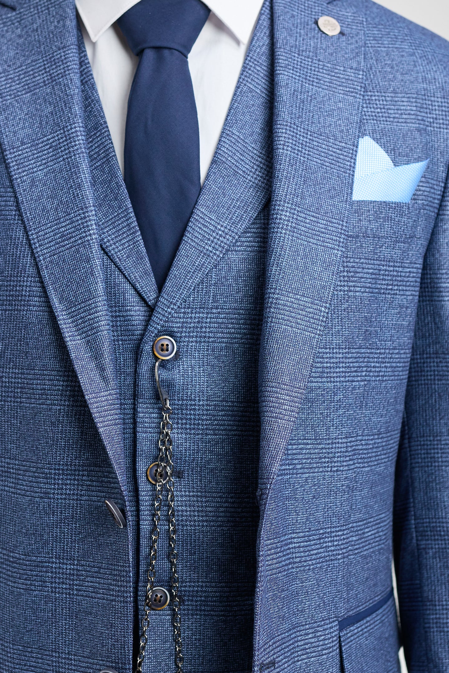 AK-09 Heren 3-delig op maat gemaakt blauw Prince of Wales-ruitpak